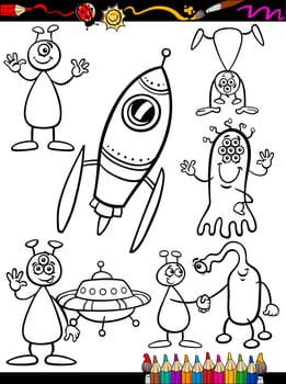 Coloring Book or Page Cartoon Illustration Set of Black and White Fantasy Aliens or Martians Ufo Comic Mascot Characters for Children