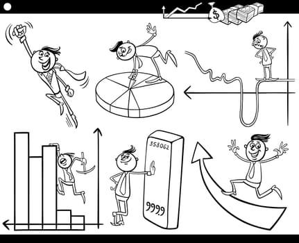 Black and White Concept Cartoon Illustration Set of Funny Men or Businessmen Characters and Business Metaphors