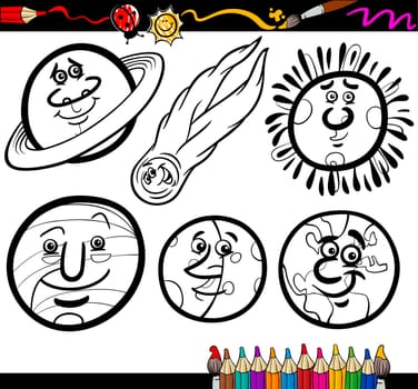 Coloring Book or Page Cartoon Illustration of Black and White Planets and Orbs Comic Characters Set for Children Education