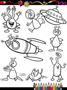 Coloring Book or Page Cartoon Illustration Set of Black and White Fantasy Aliens or Martians Ufo Comic Mascot Characters for Children