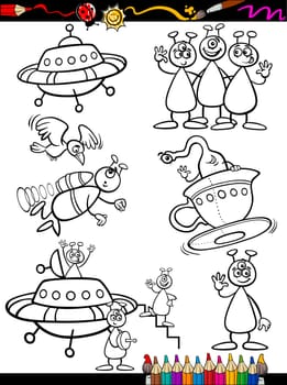 Coloring Book or Page Cartoon Illustration Set of Black and White Fantasy Aliens or Martians Ufo Comic Mascot Characters for Children