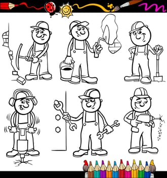 Coloring Book or Page Cartoon Illustration of Black and White Funny Manual Workers or Workmen at Work Characters Set for Children Education