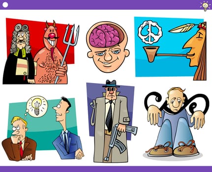 Illustration Set of Humorous Cartoon Concepts or Ideas and Metaphors with Funny Characters