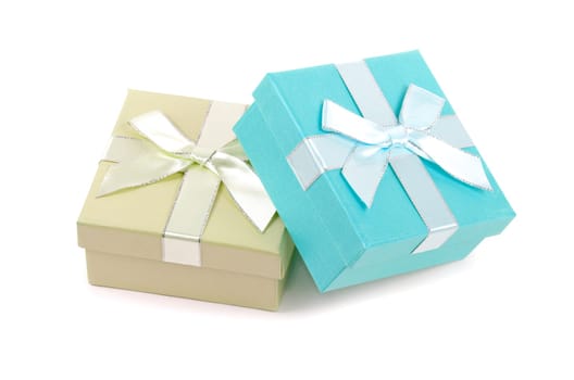 Christmas box gifts with satin bow isolated on white background