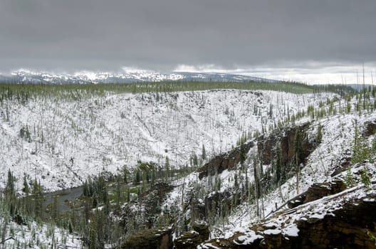 snow in summer in Yellowstone National Park in Wyoming