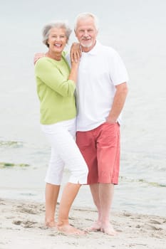 Happy senior couple standing on the beach