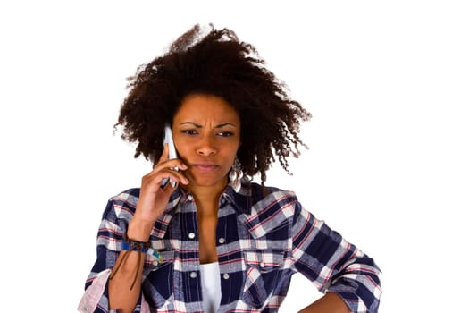 Young African-American woman with smartphone - exposed on a white background
