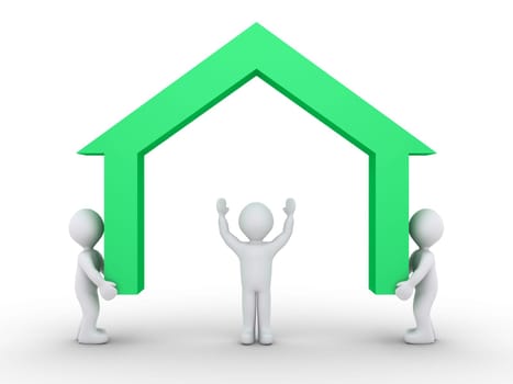 Two 3d people are putting a house symbol over another person