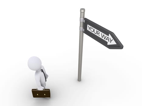 3d businessman is looking up at sign to find his path