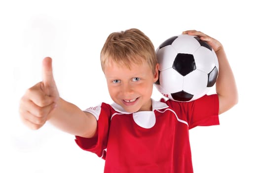 small footballer with red jersey