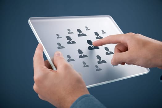 Human resources, personal audit, CRM, and assessment center concept - recruiter select employee (or team leader) represented by icon on futuristic glass tablet..