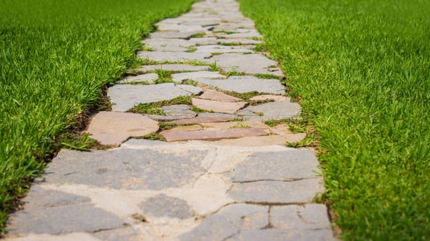 Tiled stone walkway in a green garden