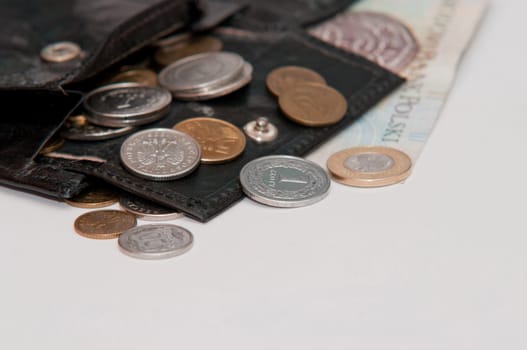 polish money - zloty,banknotes,coins and wallet on white backgroung
