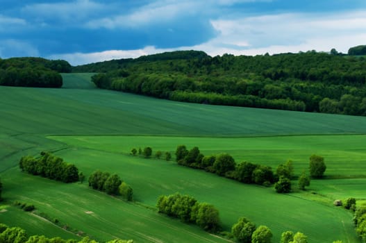green scenery landscape fields in spring time under clue cloudy sky
