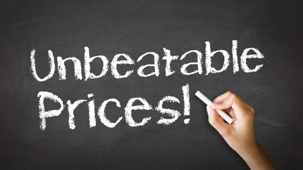 A person drawing and pointing at a Unbeatable Prices Chalk Illustration