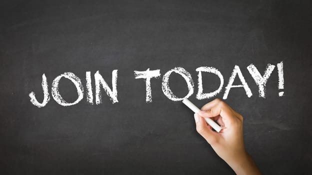 A person drawing and pointing at a Join Today Chalk Illustration