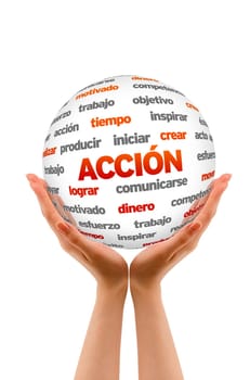 Hands holding a 3D Action Sphere in white background.