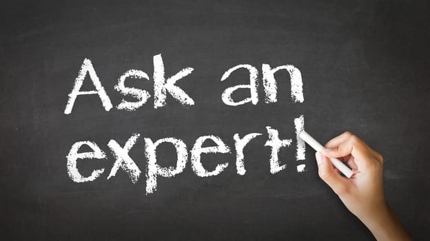 A person drawing and pointing at a Ask an Expert Chalk Illustration