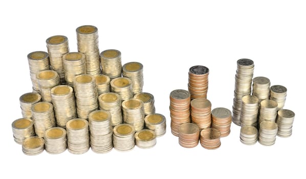 stack of Thai coins baht on white background