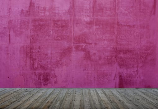 Empty space with gray floorboards and purple stone wall