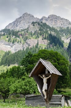 Shrine in front of the high mountains Gimpel and Rote Flüh in Nesselwängle