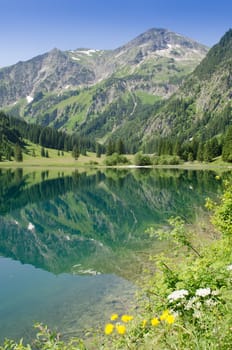 Reflection of the mountain at the Vilsalpsee in the Tannheimer Tal in Austria