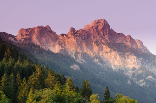 Mountain Rote Flüh in the Tannheimer Tal in the red light in the evening