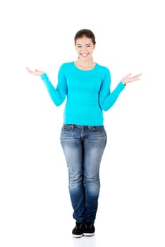 happy,excited young woman presenting copy space on her palm,isolated on white