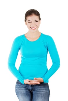 Happy ,excited young woman presenting copy space on her palm,isolated on white