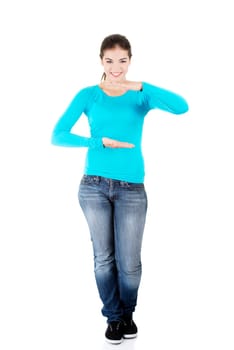 happy,excited young woman presenting copy space on her palm,isolated on white