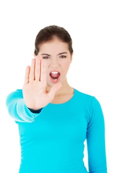 hold on,stop gesture showed by young woman hand