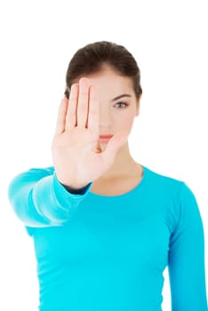 hold on,stop gesture showed hand to young woman