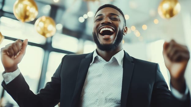 Portrait of joyful black businessman celebrating, African man having a business party having fun in the office