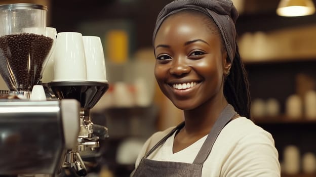 Portrait of happy smiling African woman barista, coffee house or cafe worker, young black female waiter working in coffee shop, looking at camera