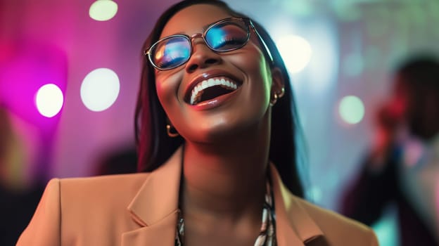 Happy joyful black businesswoman celebrating with her colleagues business people, cheerful African woman having a party having fun in the office
