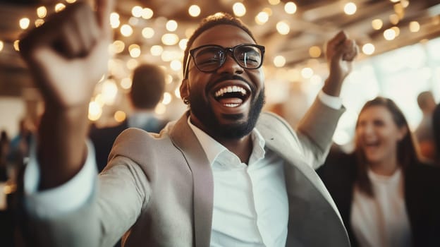 Portrait of joyful black businessman celebrating, African man having a business party having fun in the office