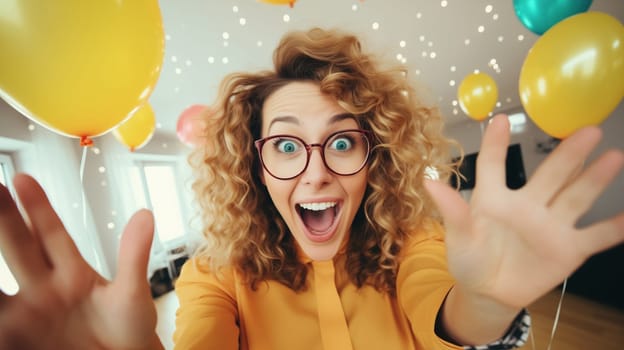 Happy joyful businesswoman celebrating with her colleagues business people, cheerful woman having a party having fun in the office