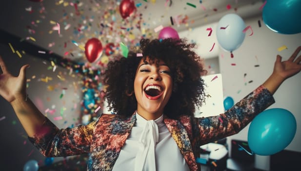 Happy joyful black businesswoman celebrating with her colleagues business people, cheerful African woman having a party having fun in the office