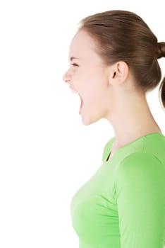 young casual woman screaming with anger,isolated on white