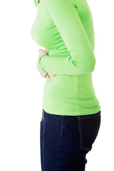 Young woman with stomach issues,isolated on white