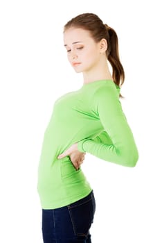 young woman with backache,isolated on white