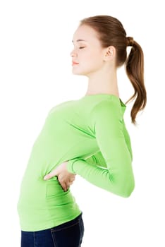 young woman with backache,isolated on white