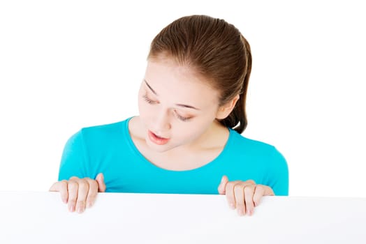 portrait of happy young woman with blank board,isoalted on white
