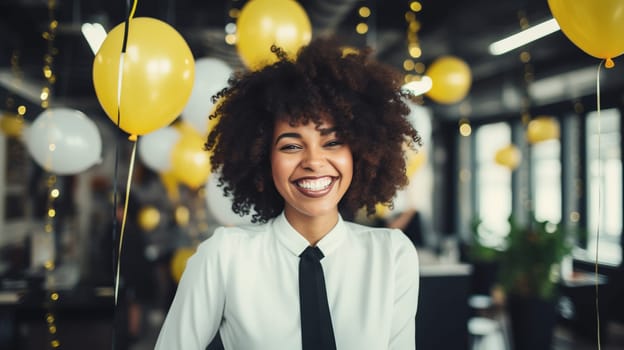 Happy joyful black businesswoman celebrating with her colleagues business people, cheerful African woman having a party having fun in the office