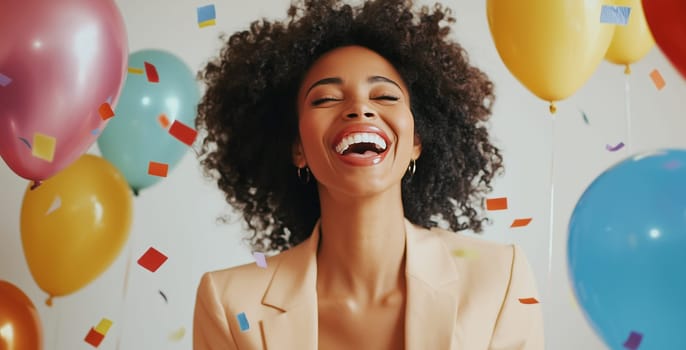 Happy joyful black businesswoman celebrating with her colleagues business people, cheerful African woman having a party having fun in the office