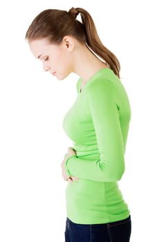 young woman with stomach issues,isolated on white
