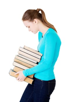 young caucasian woman (student) with books,isolated on white
