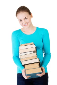 young caucasian woman (student) with books,isolated on white