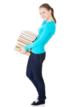 young caucasian woman (student) with books,isolated on white
