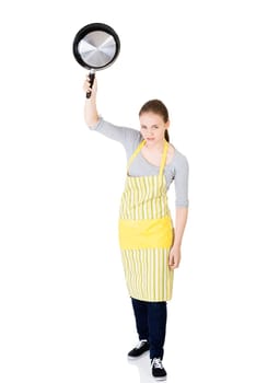 Angry young woman cooking ,isolated on white
